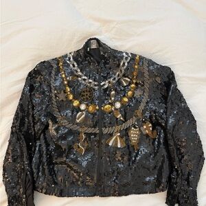 Embellished Sequin Bomber Jacket - Black and Gold
